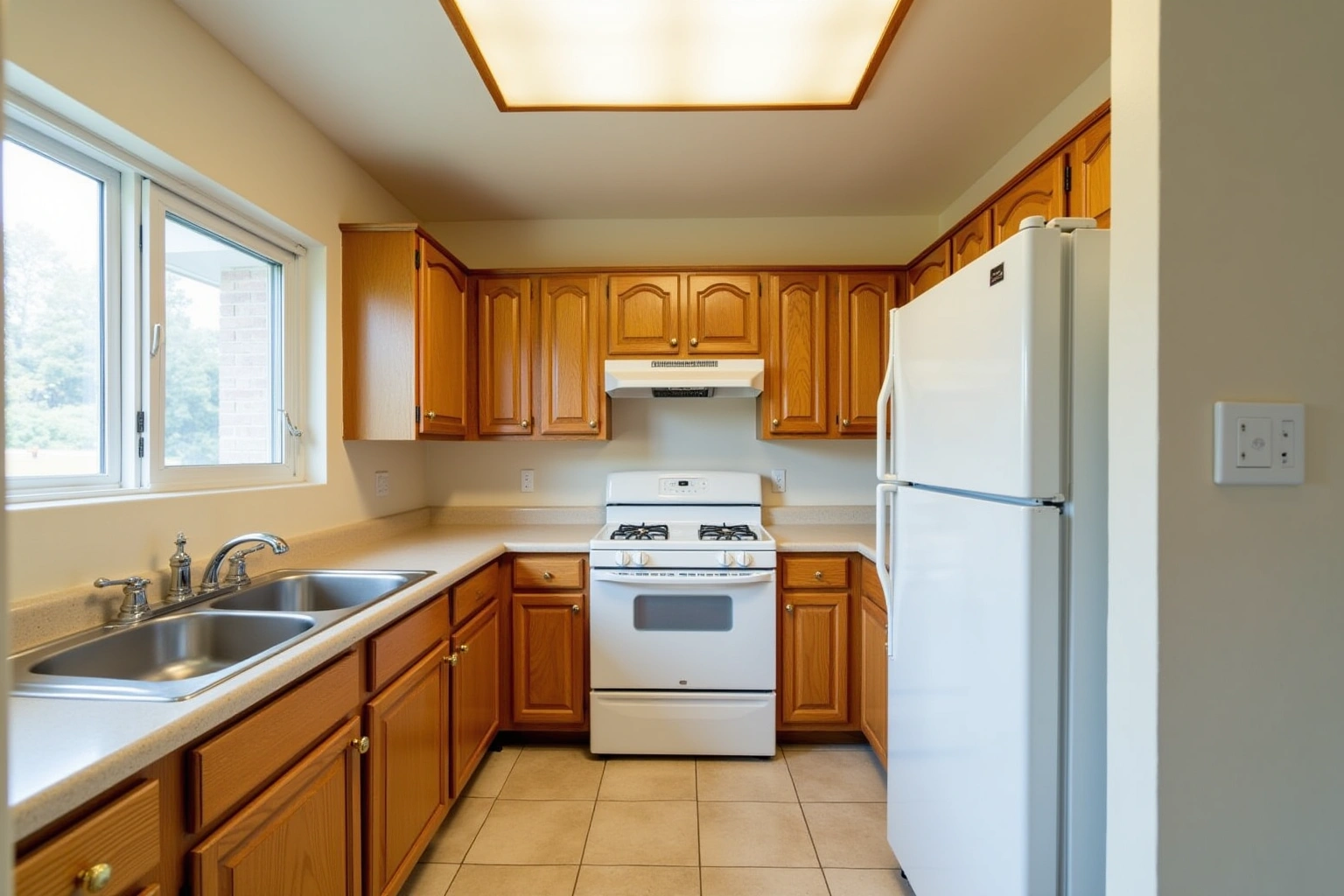 Dated L-shaped kitchen with honey oak arch-top cabinets, laminate counters, white appliances and a recessed fluorescent ceiling light.
