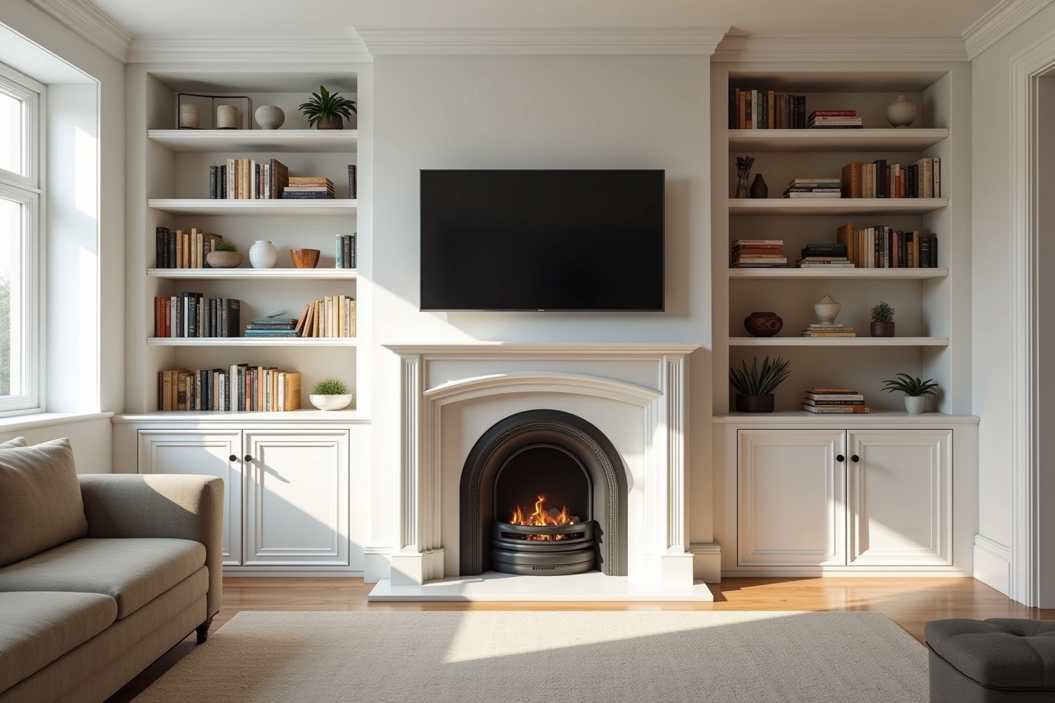 Living room wall of white built-in bookcases and base cabinets flanking a fireplace with a television above the mantel.